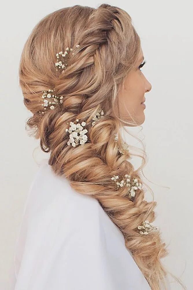 Прически на длинные волосы греческая коса braided wedding hair side mermaid braid and crown with baby breath flowers hair 