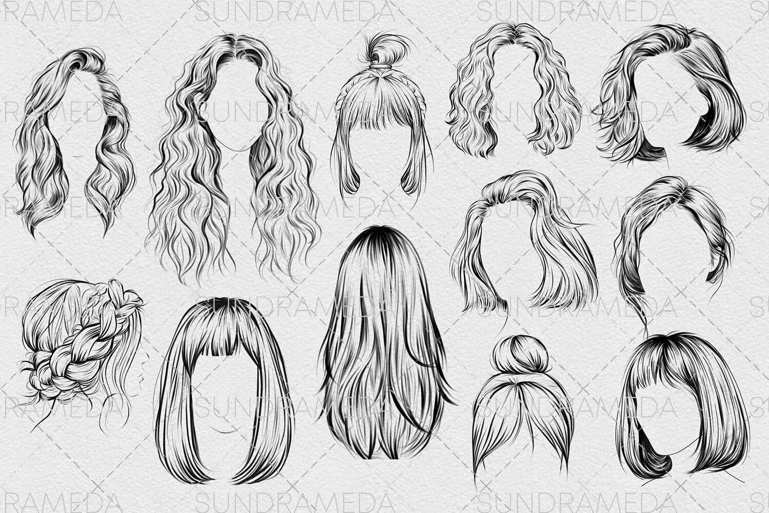 Прически на длинные волосы рисунки 24 Hairstyle II Stamps Brushes for Procreate (1234204) Procreate Stamps Design B