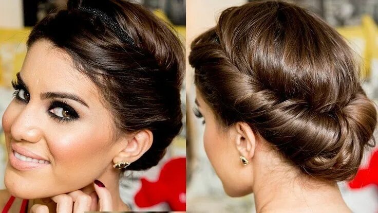 Прически на средние сама chignon bas avec mèches torsadées et maquillage des yeux dramatique Укладка длин