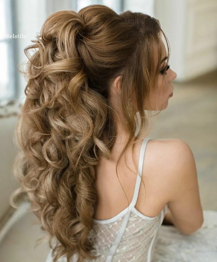 Прически на средние волосы без локонов #bridal hair half up inspiration romantic curly waves elegant ponytail clip styl