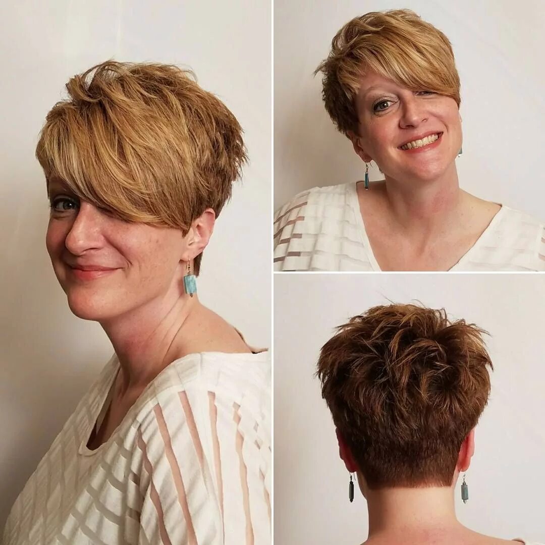 Прически пикси фото женские 50 лет Textured Tousled Pixie Cut with Long Asymmetrical Side Swept Bangs on Warm Golde