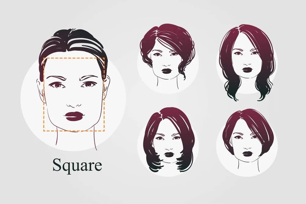 Прически под лицо Illustrated example of woman with square face along with example hairstyles o. F