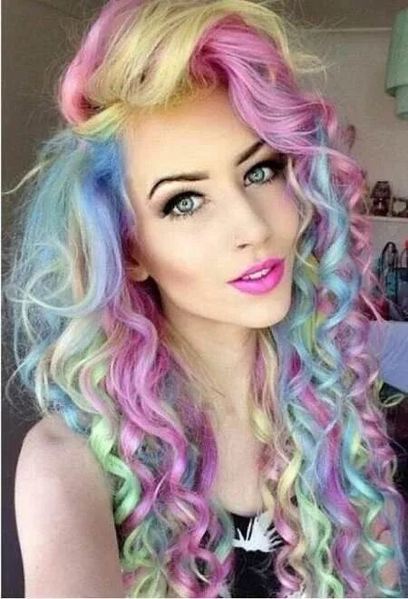 Прически покрашенные волосы 20 Sassy Long Curly Hairstyles Rainbow hair color, Pastel rainbow hair, Dyed hai