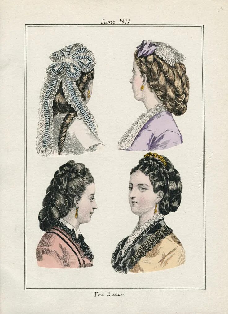 Прически пушкинских времен для девочек LAPL, The Queen, June 1872 Fashion plates, Victorian era fashion, Historical hai