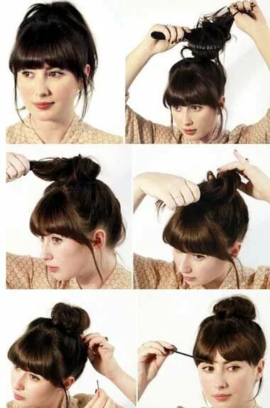 Прически с челкой на каждый день High bun with straight fringe Haircut Styles Diy hairstyles, Medium hair styles,