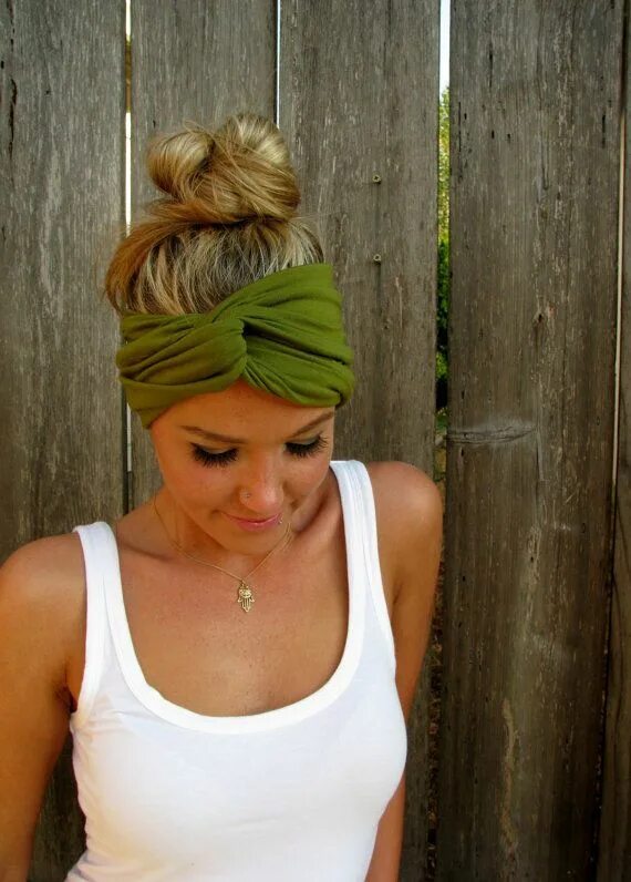 Прически с длинными волосами с повязкой The Infinity Head Scarf In Moss Green Rayon Cotton Jersey Knit - Multi Way to We