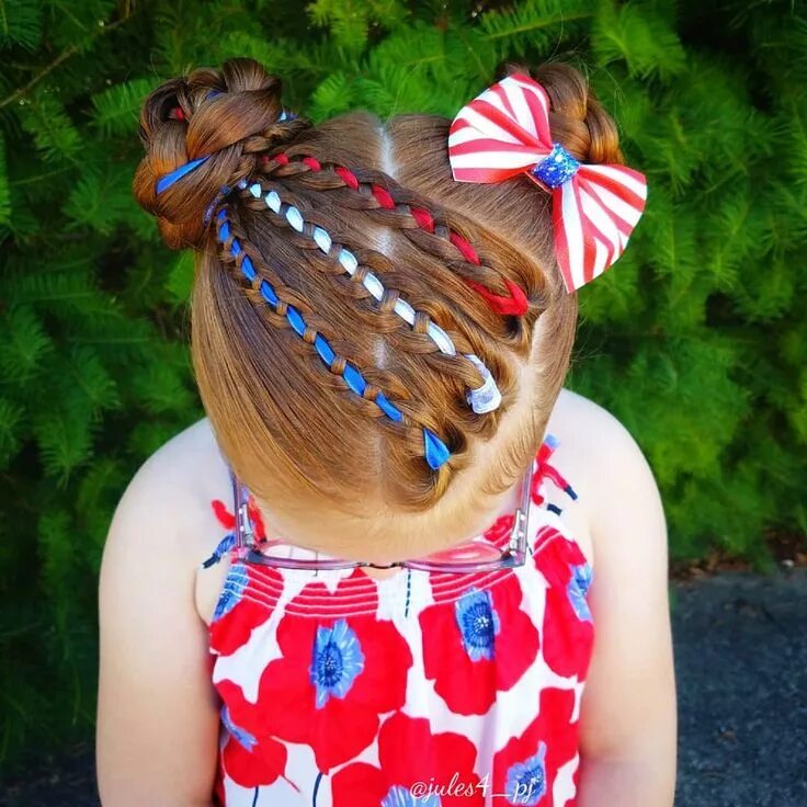 Прически с лентами в волосах для девочек Fourth of July themed hair. Red, white, blue, hair. Four strand braid. Four stra