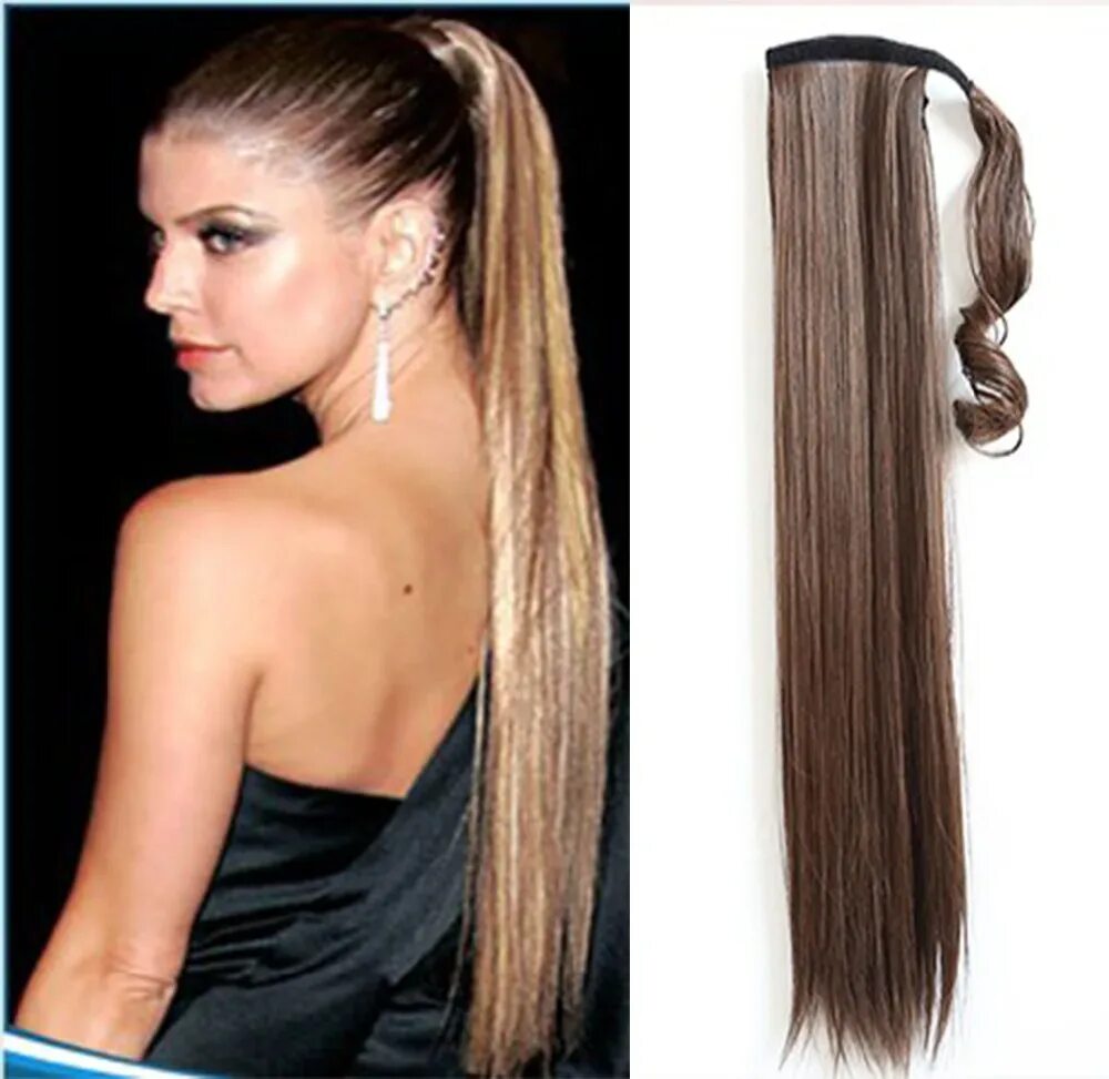 Прически с накладным хвостом фото Long straight Velcro straps ponytail clip in hair synthetic extensions high qual