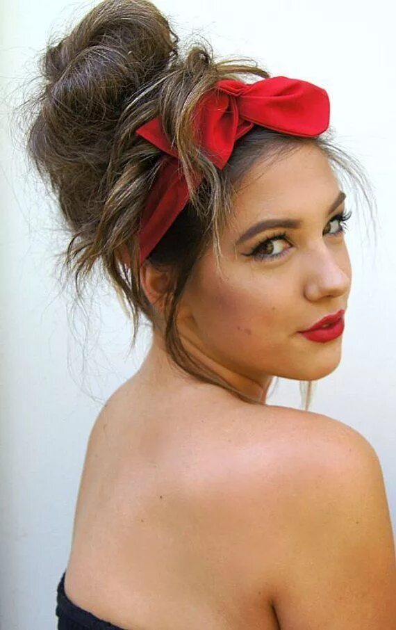 Прически с повязкой на голове 2024 Rockabilly Headband Fireman wife Red Wired Dolly Bow PIN UP Fabric Headwrap Band