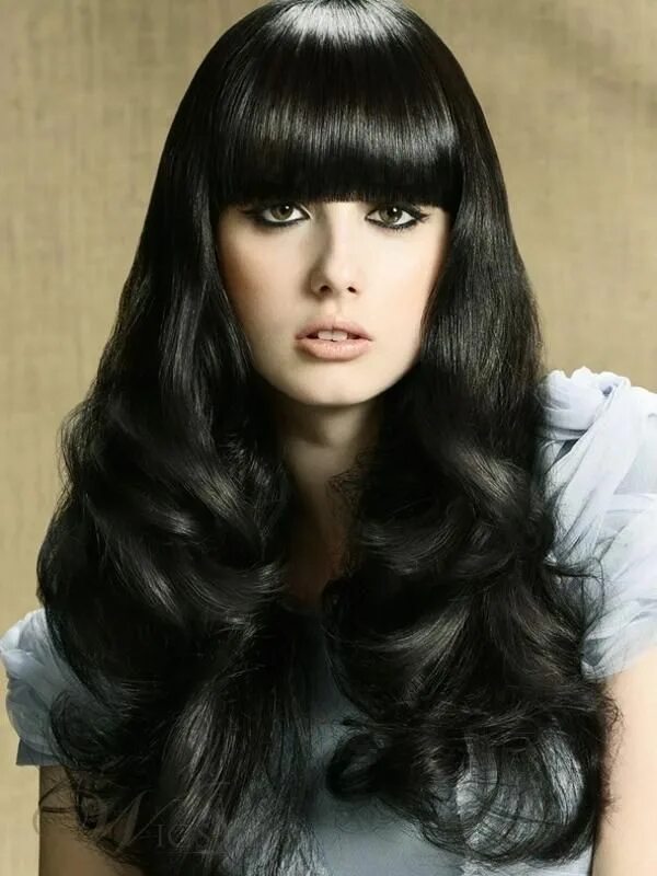 Прически с прямой челкой фото Long Big Curly Hairstyle Top Quality Black Wig with Full Bang Colores de pelo, P