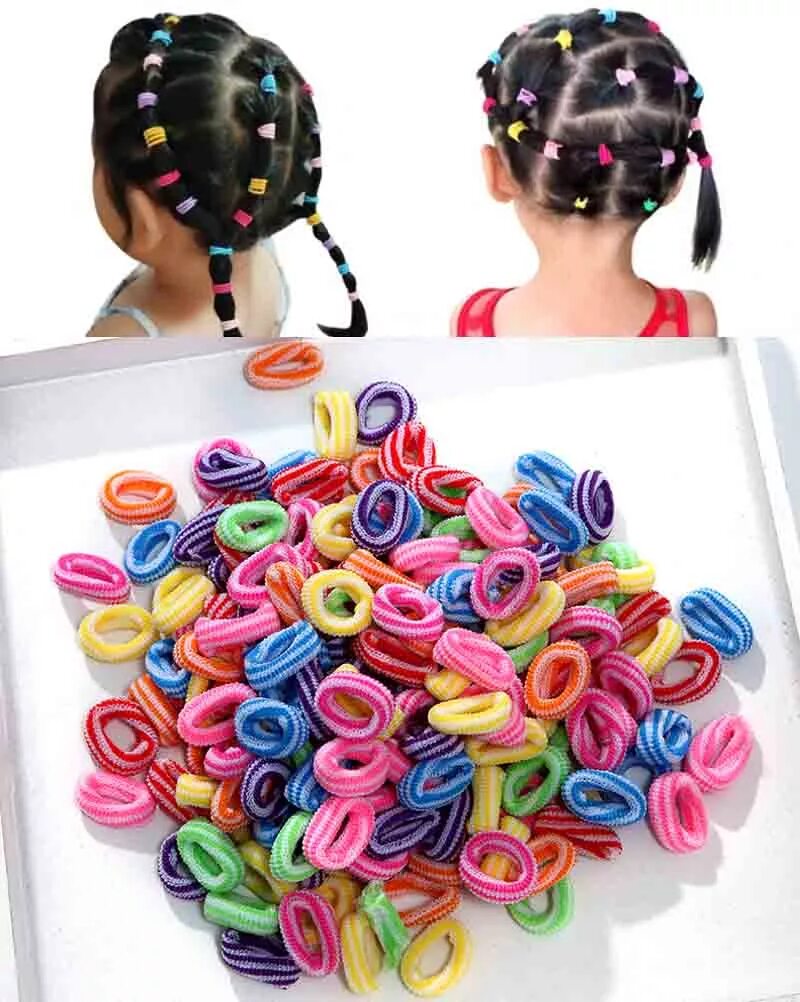 Прически с разноцветными резинками для девочек 100PCS/Set Girl Elastic Hair Ties Band Rope Ponytail Rubber String Hair Accessor