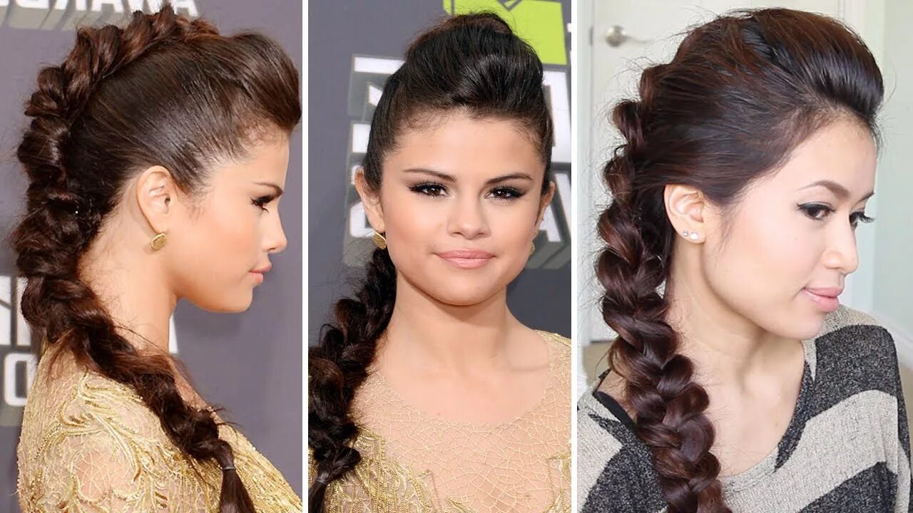 Прически скрывающие Selena Gomez MTV Movie Awards 2013 Hairstyle Braided Faux Hawk Hair Tutorial - B