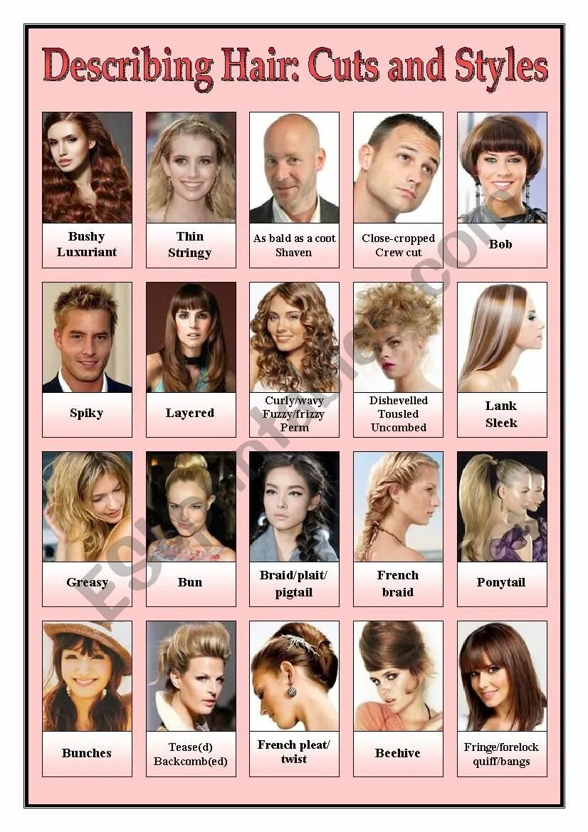 Прически текст Describing Hair - Cuts and Styles - ESL worksheet by katrinz