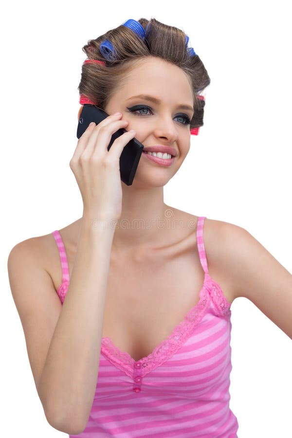 Прически телефон Smiling Model with Phone Wearing Hair Rollers Stock Photo - Image of mobile, eye