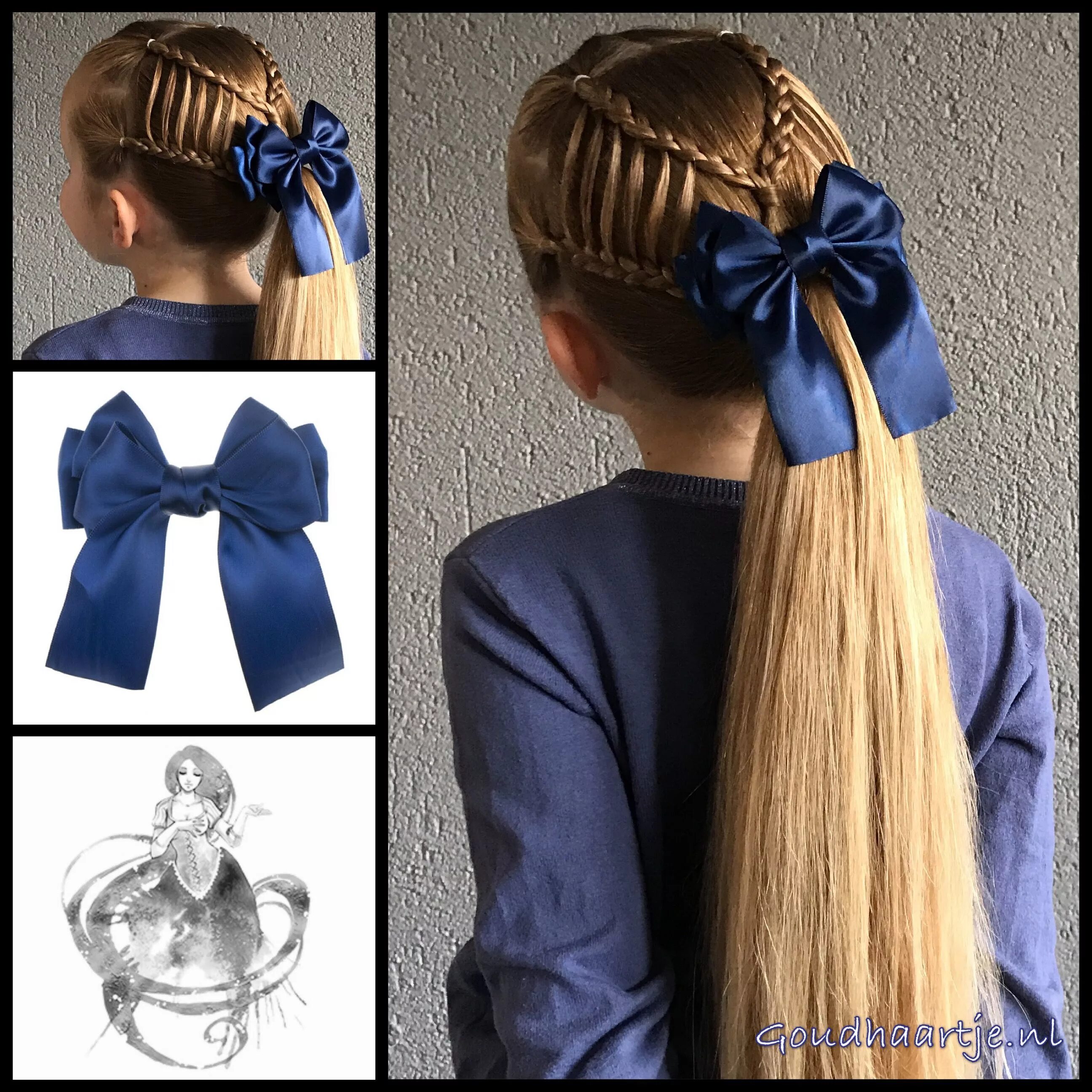 Прически в школу с лентами Feathered braids into a ponytail with a gorgeous big bow from the webshop www.go