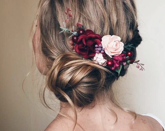 Прически волосы и цвет женщины фото Bordeaux Blume Haare kämmen tief rote Braut Haar Kamm Etsy Bridal flower headpie