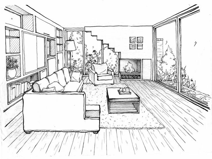 Придумать интерьер комнаты Image result for perspective drawing living room Interior design sketches, Inter