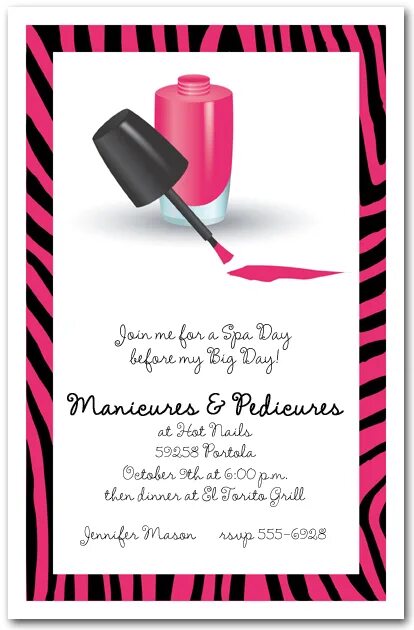 Приглашение на маникюр для клиентов текст пример Manicures and Pedicures on Zebra Print Border Invitations