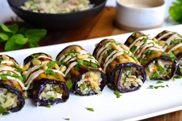 Приготовление баклажанов с фото Herby Rice Stuffed Eggplant Rolls Every Last Bite Eggplant dishes, Healthy recip