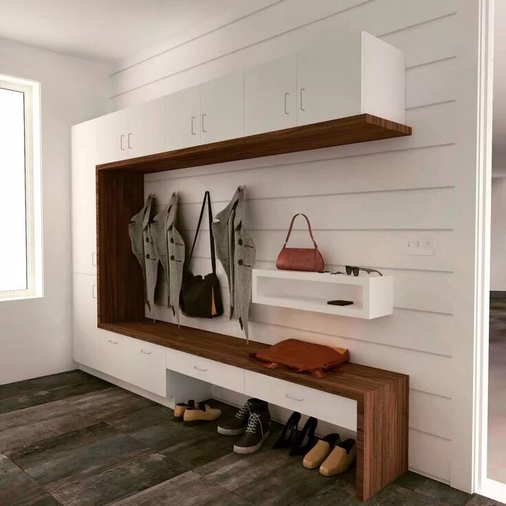 Прихожая интерьер полки A modern take on the traditional mudroom lockers design featuring a walnut bench