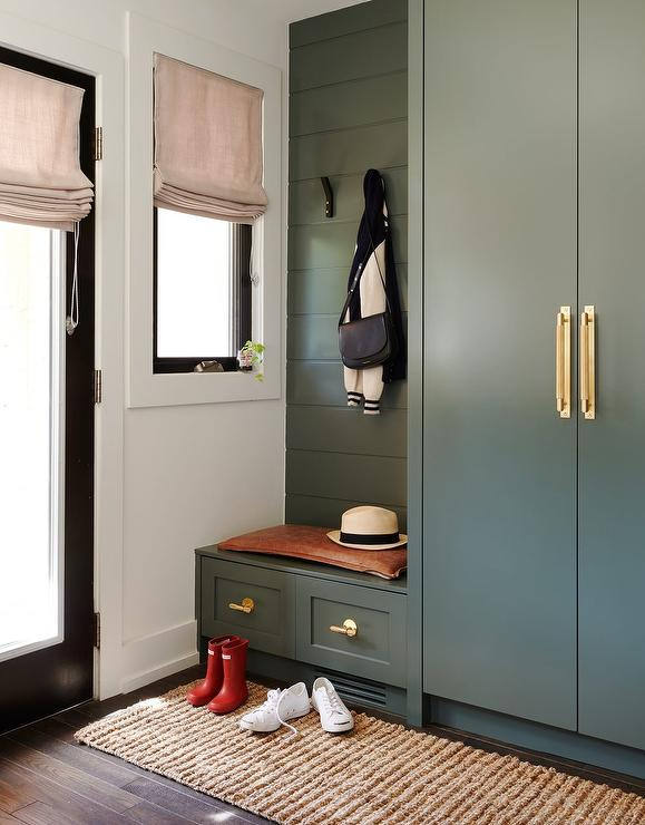 Прихожая оливкового цвета фото Hunter Green Mudroom Cabinets with Green Shiplap Trim - Transitional - Laundry R