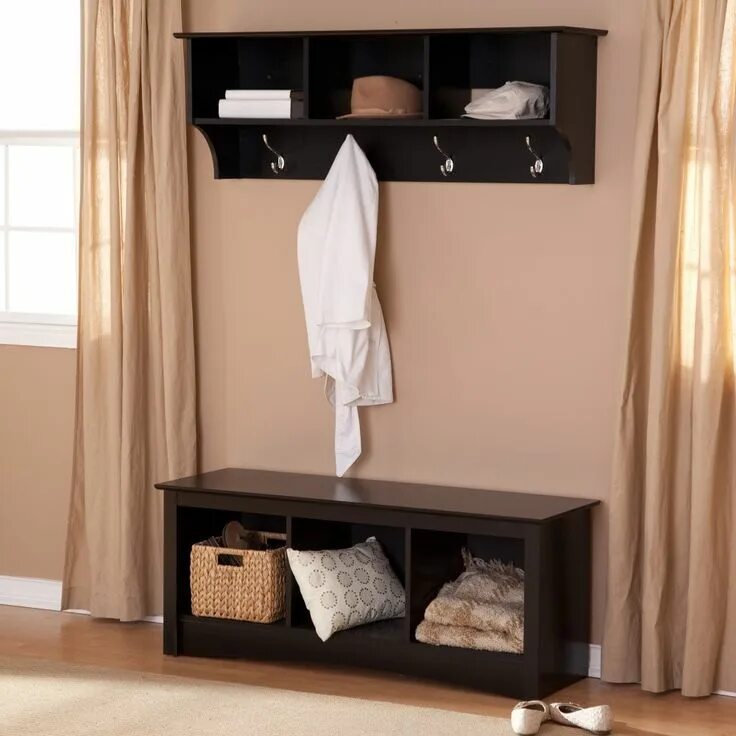 Прихожая с полками фото Prepac Sonoma Black Triple Cubby Bench & Coat Rack Set Entryway bench storag