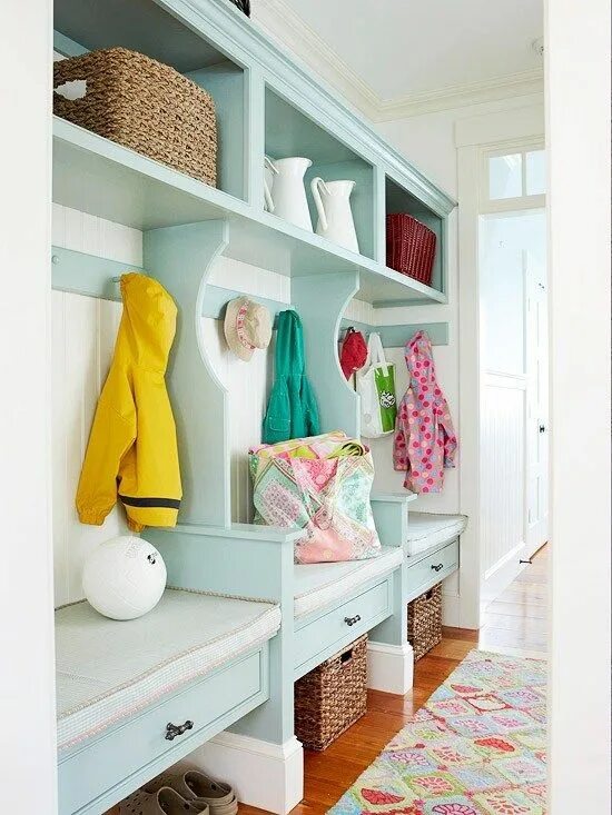 Прихожая в детском оформление Fun striped cubbies for entryway, love the light turquoise aqua color (and the r