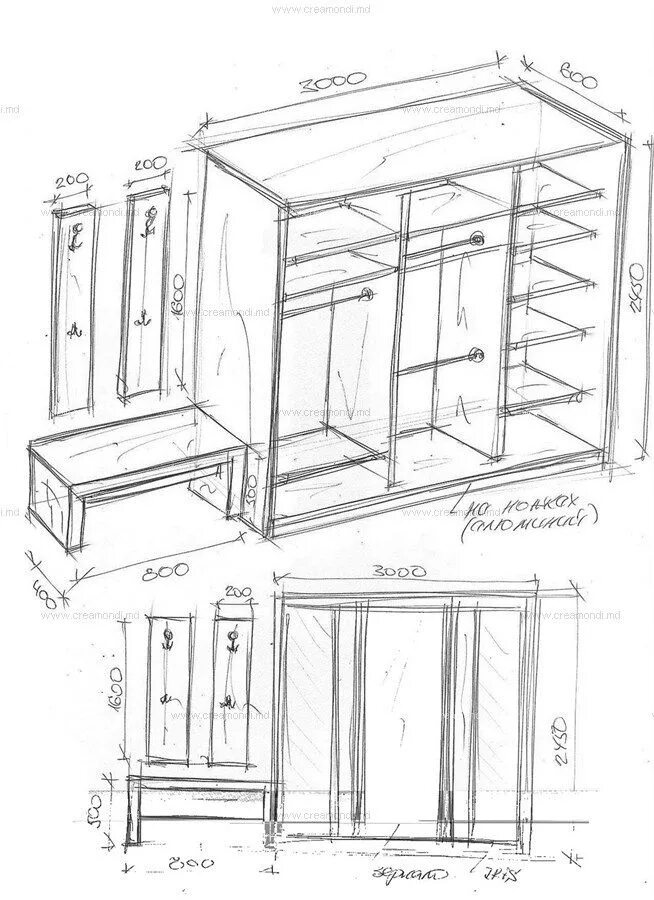 Прихожие своими руками схема Шкаф-купе и открытая вешалка. в Молдове. Эскизы и чертежи мебели от Creamondi. Ш