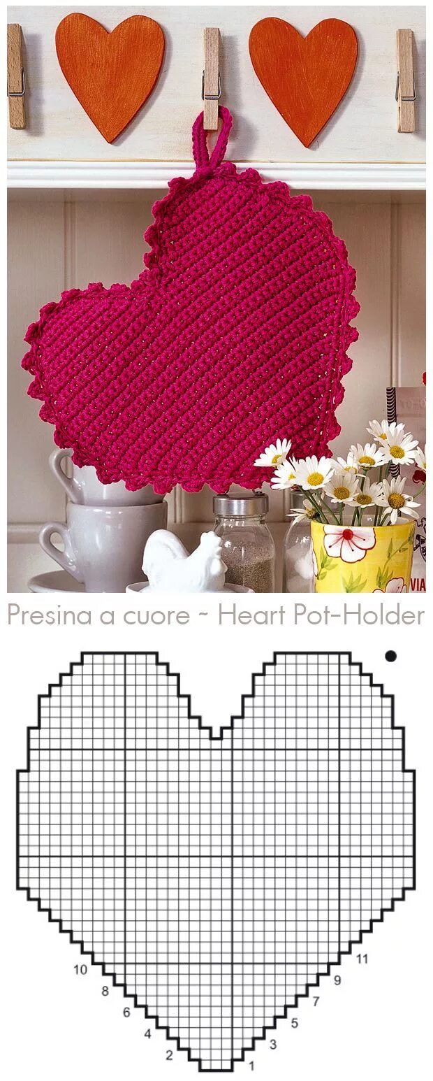 Прихватки для кухни спицами со схемами Presina a cuore Heart Pot-Holder #crochet #uncinetto #cuori #schema Crochet patt