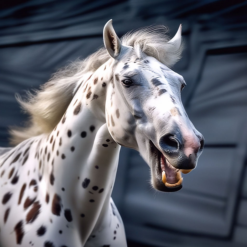 Прикольная лошадь фото "Creep funny horse , dappled white ." - image created in Shedevrum