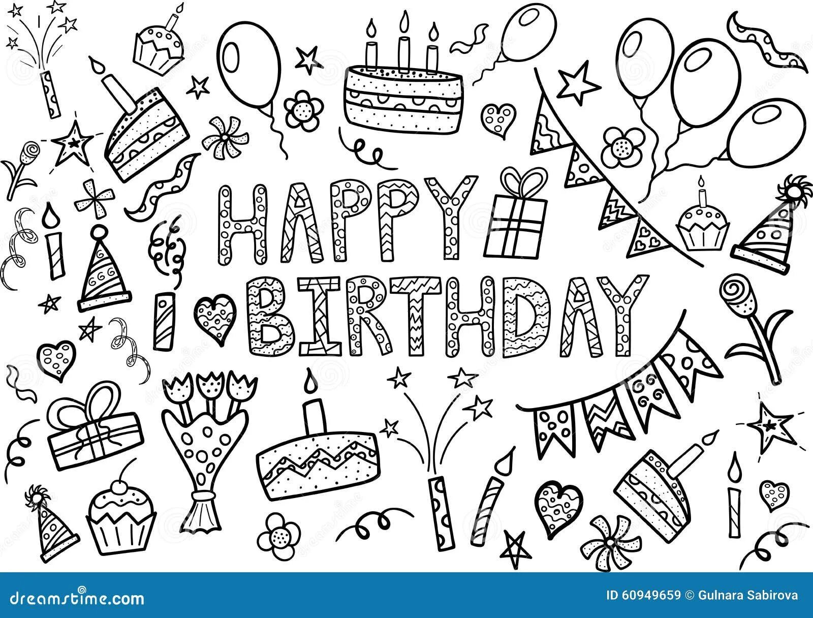 Прикольные картинки с днем рождения черно Happy Birthday Doodle Set with Hand Drawn Elements Stock Vector - Illustration o