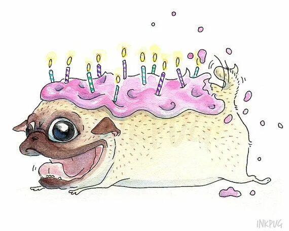 Прикольные картинки с днем рождения пинтерест Pug Birthday Card - Cute Strawberry Frosted Pug Cake, Pug Loaf, Pug Card, Funny 