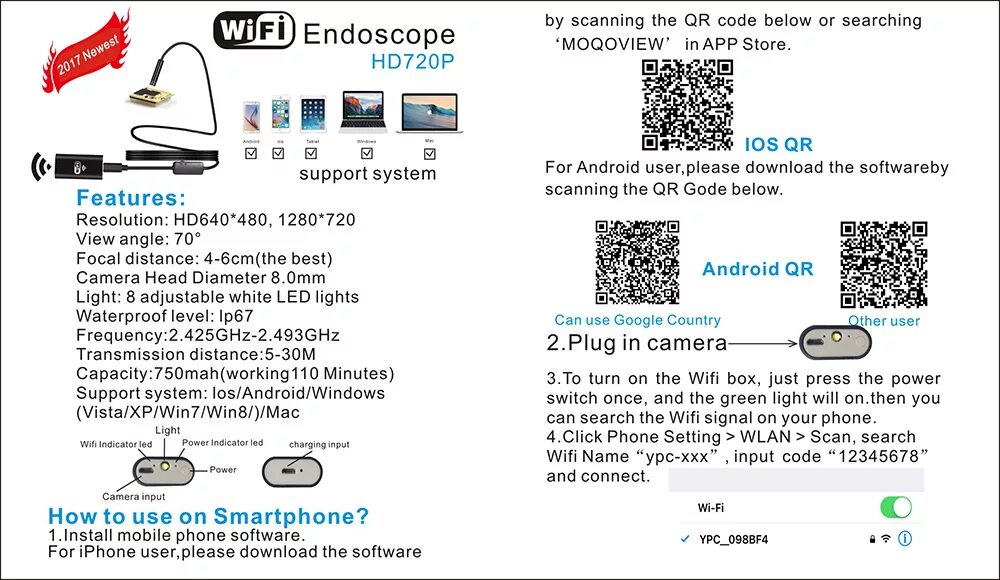 Приложение для подключения эндоскопа к телефону Эндоскоп, 1/3/5/7/10 м, жесткий кабель, Wi-Fi, камера для Android 720P, Бороскоп