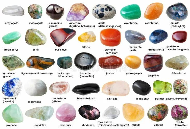 Приложение камни по фото Collage From Various Tumbled Gemstones With Names Stock Photo - Image: 77285530 