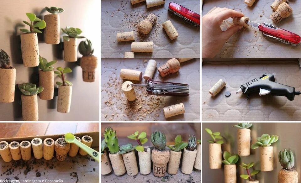 Применение самодельных #InspiraçãoDoDia Rolhas - Minha Casa Container Cork planters, Mini magnets, Mini