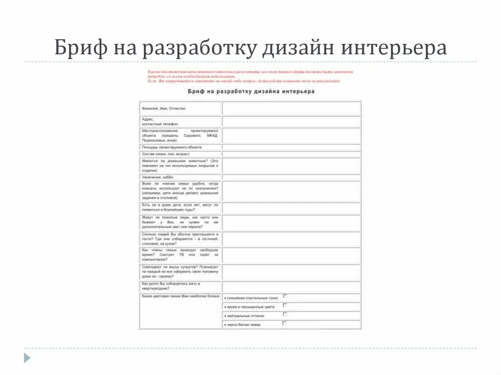 Пример брифа для дизайнера интерьера Бриф на разработку интерьера - Какаду Декор.ру