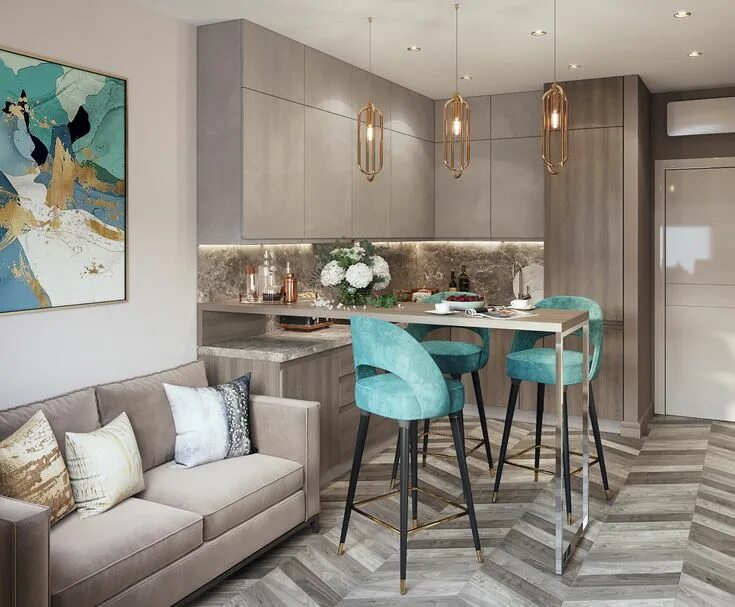 Пример дизайна кухни гостиной L'immagine può contenere: tabella e spazio al chiuso Apartment design, Kitchen d