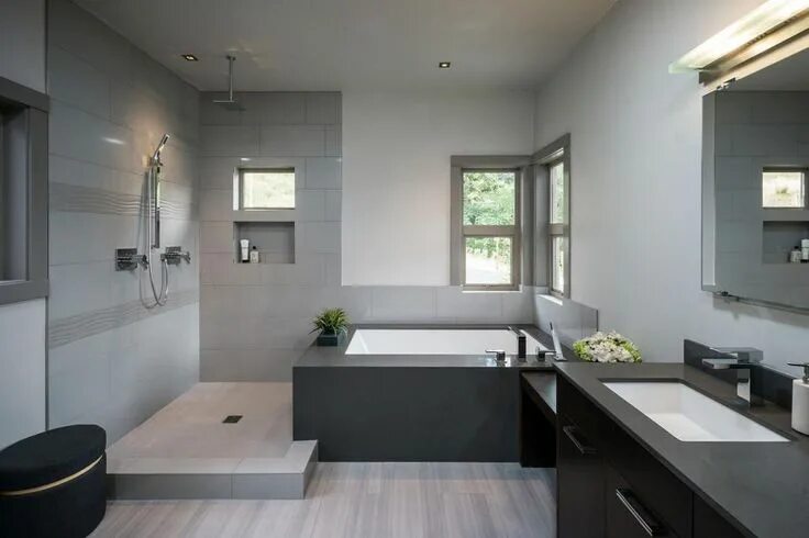 Пример интерьера ванной Spa-Like Gray Bathroom is Contemporary, Chic Bathroom style, Bathroom design, Ba