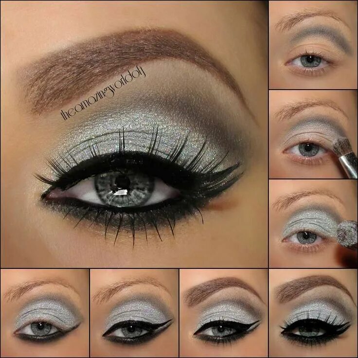 Пример макияжа глаз Grey Eyeshadow and Double Winged Eyeliner Tutorial Smokey eye makeup, Eye makeup