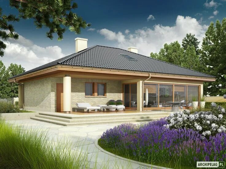 Пример одноэтажного дома с террасой Projekt domu Alan G1 - Archipelag.pl Modern house facades, Modern bungalow house