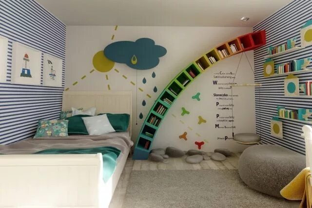 Пример оформления детской комнаты children's room walls design ideas boys rainbow shelves stripes sun rainbow Kid 