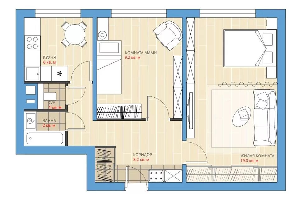 Пример планировки 2 комнатной квартиры Двушка II-49: планировка для пары с мамой - блог "Hoff Вдохновение"