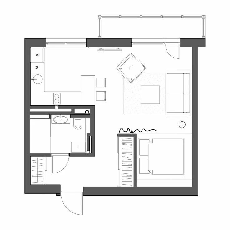 Пример планировки однокомнатной квартиры Дизайн интерьера квартиры-студии с спальней-1 Studio apartment floor plans, Apar