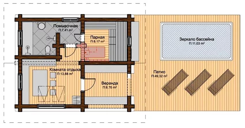 Пример проекта бани Проект бани с бассейном и комнатой отдыха фото, видео - 38rosta.ru