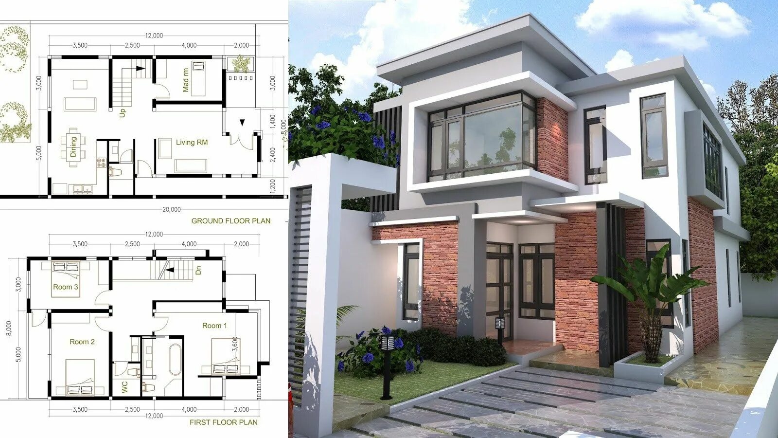 Пример проекта дома SketchUp Modern Home Plan Size 8x12m This villa is modeling by SAM-ARCHITECT Wit