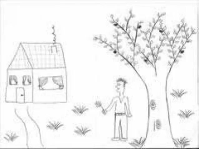 Пример рисунка дом дерево человек H-T-P (House Tree Person) Tree house, House drawing, Person drawing