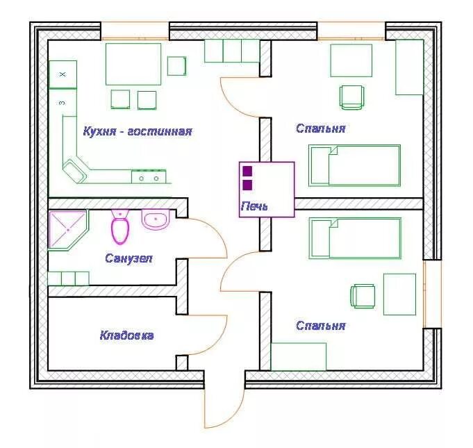 Пример схемы дома Планировка двухкомнатного дома с печью Планировки, Планировка дома, План маленьк