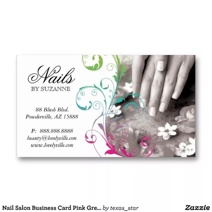 Пример визиток маникюр Nail Salon Business Card Pink Green Zazzle Nail salon business cards, Salon busi