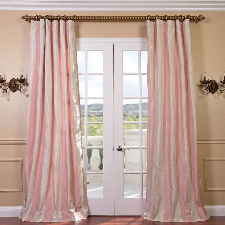 Примерить шторы онлайн на фото Exclusive Fabrics Light Pink/Cream Stripe Faux Silk Taffeta Curtain Panel (84-in