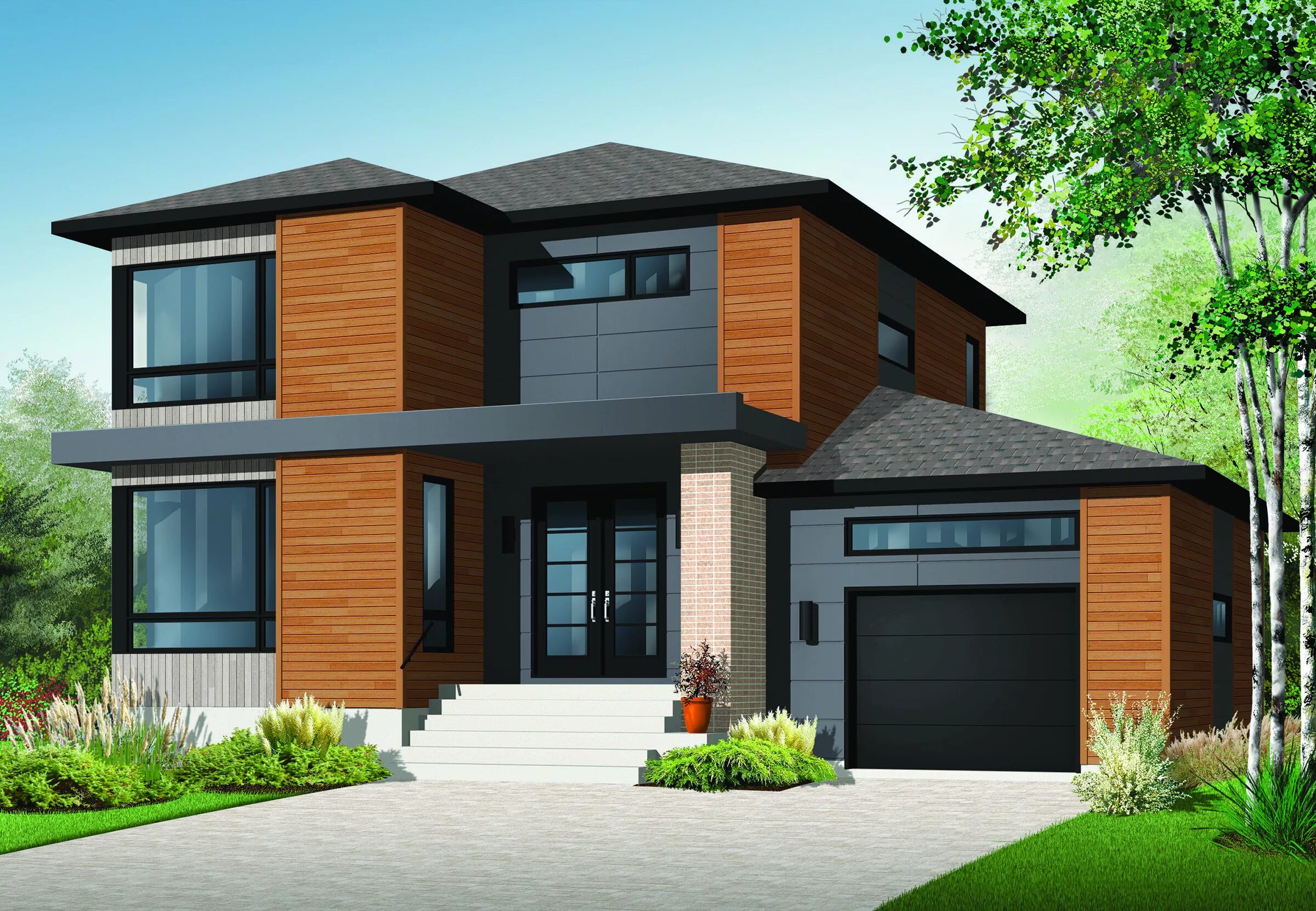 Примеры 2 этажных домов Plan 22322DR: Stately Modern with Garage Modern style house plans, Modern contem